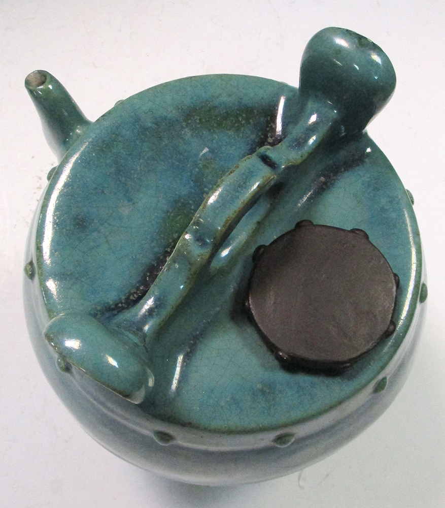 A Ming turquoise glazed water vessel with later stopper, a carrying handle to the top of the - Image 2 of 4