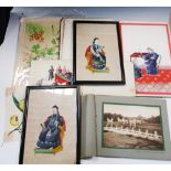 Rice paper paintings and a book of photographic scenes, of the former a mandarin and his wife are