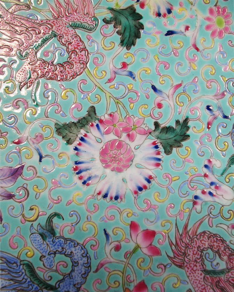 A 20th century turquoise ground dish, the alternating pink and blue dragons radiating about a - Image 3 of 6