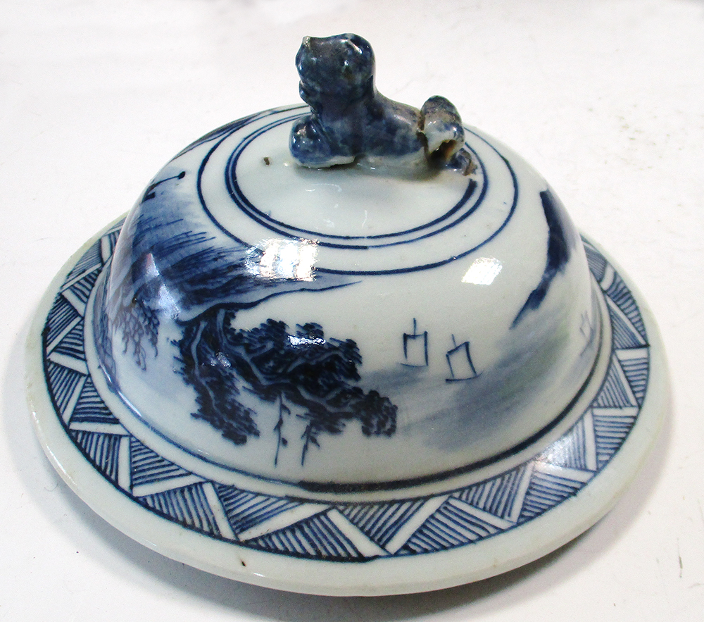 An 18th century enamel tray, four tea bowls and a blue and white cover, the tray painted with an - Image 6 of 19