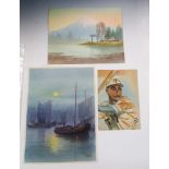 A folder of six early 20th century watercolours by Kitano, Hiroshi, Kobayashi and others, mainly