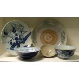 Five Chinese provincial blue and white wares, the smallest of the three bowls with stippled