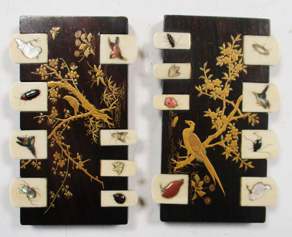 Two Shibayama and ebony whist markers, the rectangles of wood hold lacquered with birds and cherry