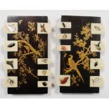 Two Shibayama and ebony whist markers, the rectangles of wood hold lacquered with birds and cherry