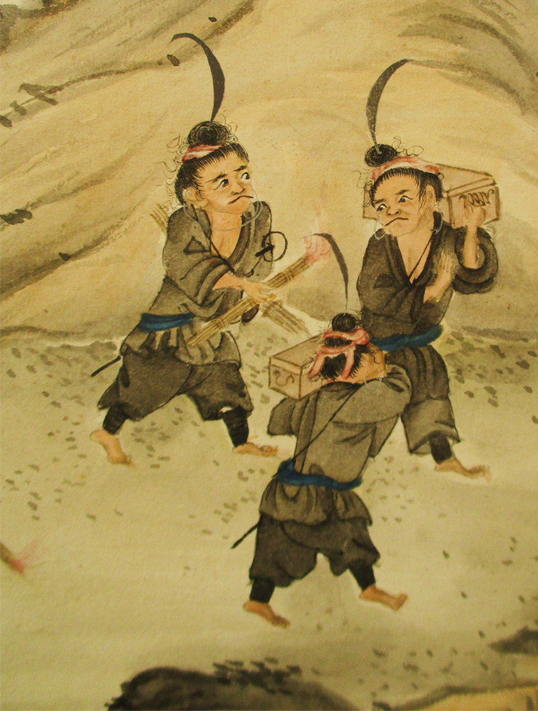 A pair of early 20th century watercolours painted with similarly dressed warriors bearing - Image 3 of 10