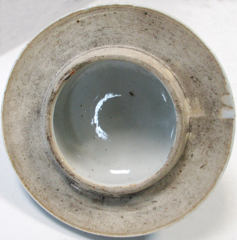 An 18th century enamel tray, four tea bowls and a blue and white cover, the tray painted with an - Image 7 of 19