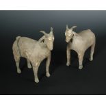 A pair of Han dynasty grey pottery goats, each characterful figure standing four square, its eyes