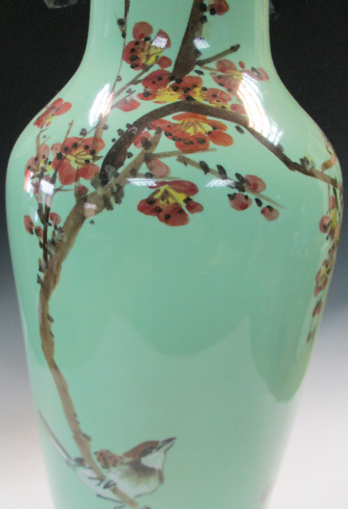 A Republic period green ground vase, the slender baluster shape painted with a bird perched on a - Image 2 of 6