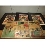 A mid 19th century woodblock triptych and another three prints, unframed, the first depicting