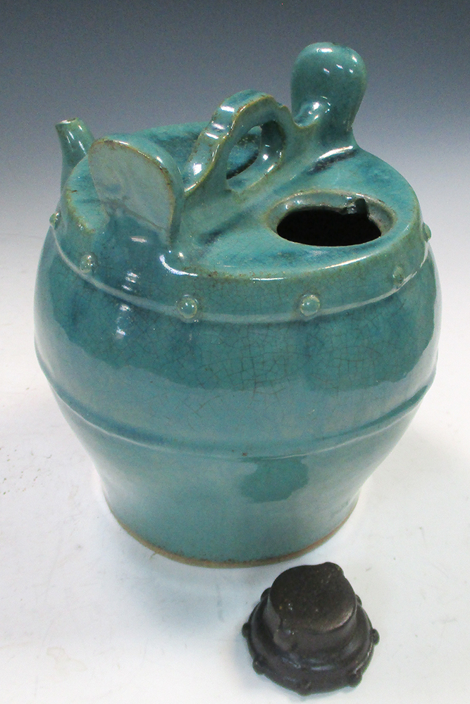 A Ming turquoise glazed water vessel with later stopper, a carrying handle to the top of the - Image 4 of 4