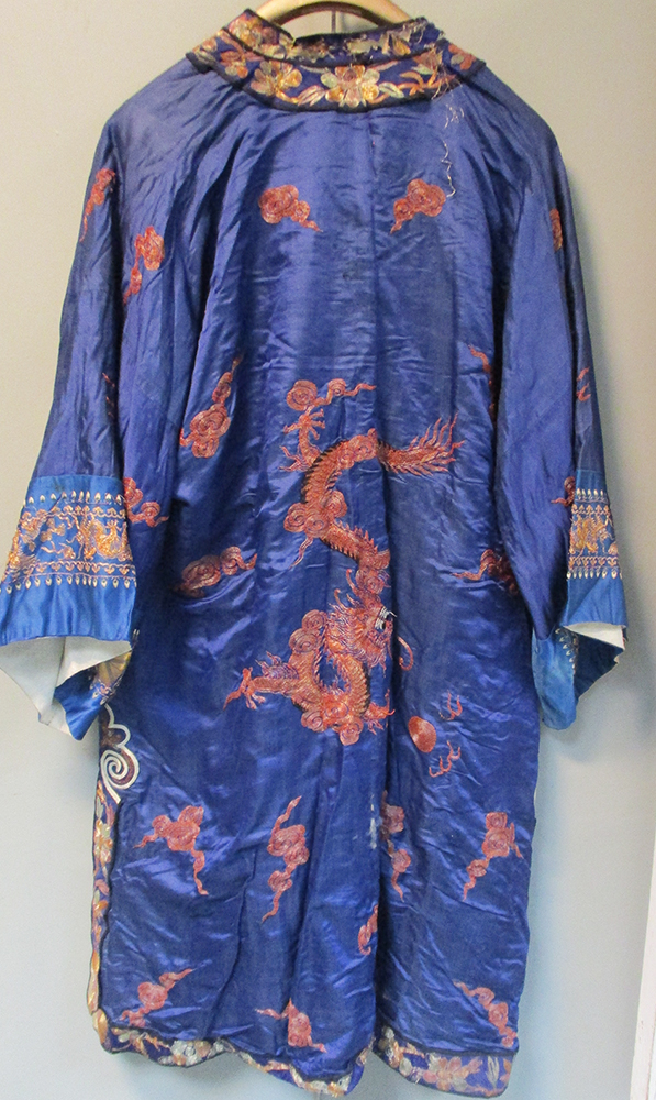 A blue silk jacket embroidered in metal thread with three four clawed dragons amongst clouds, the - Image 5 of 6