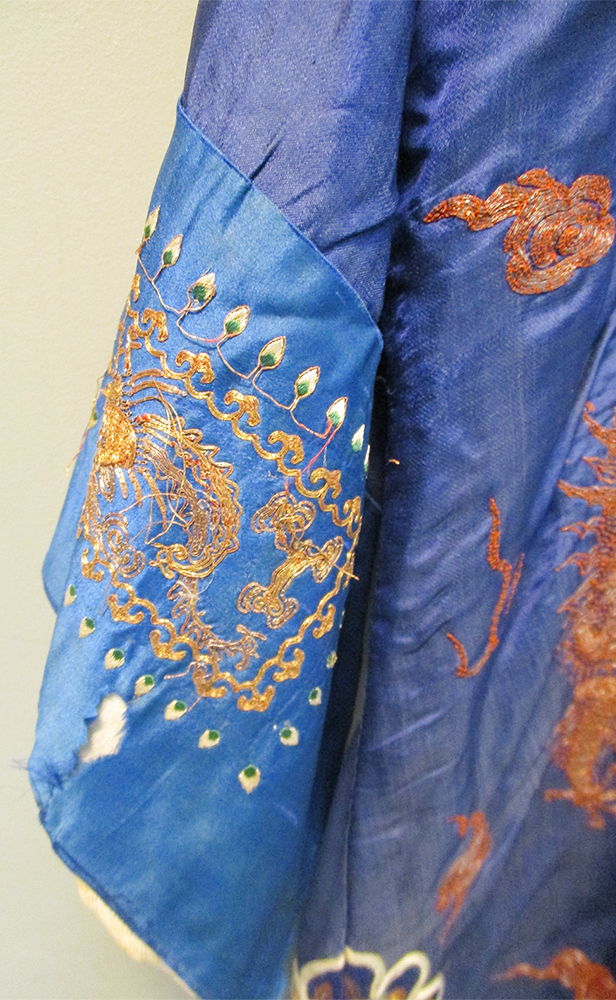 A blue silk jacket embroidered in metal thread with three four clawed dragons amongst clouds, the - Image 4 of 6