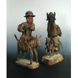 A pair of painted wood equestrian figures, possibly late Ming, the figures supported on small horses