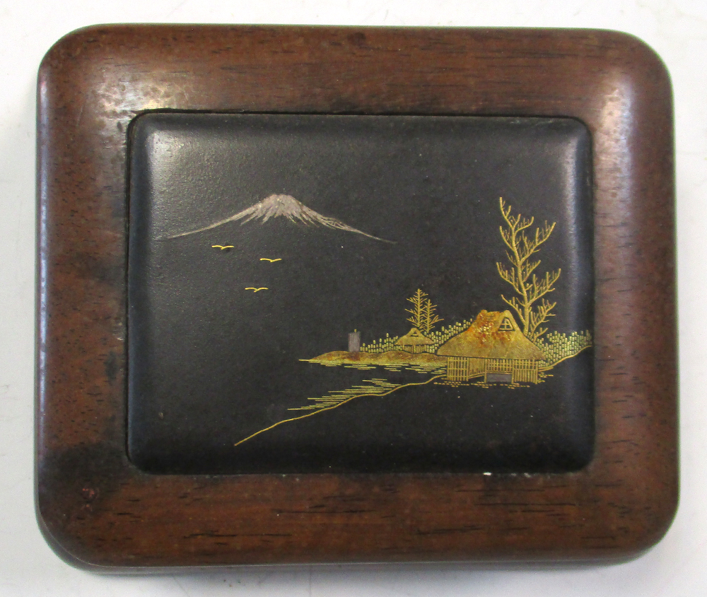 An early 20th century hardwood box with Komai style inlaid iron panel, the rectangular panel - Image 2 of 5