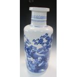 A 19th century blue and white vase, the rounded cylindrical body painted with birds by rocks,