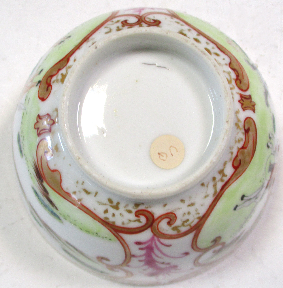 An 18th century enamel tray, four tea bowls and a blue and white cover, the tray painted with an - Image 19 of 19