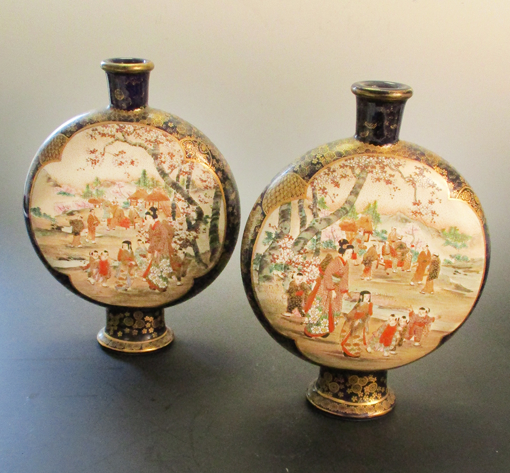 Chikusai, a pair of Satsuma blue ground moon flasks, painted on one side with three watching ducks - Image 4 of 6