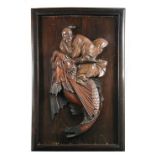 A late 19th/early 20th century framed relief panel carved in deep relief as Kinko sennin riding