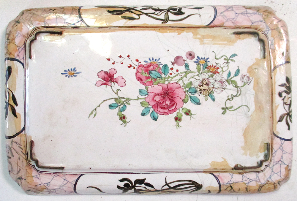 An 18th century enamel tray, four tea bowls and a blue and white cover, the tray painted with an - Image 5 of 19