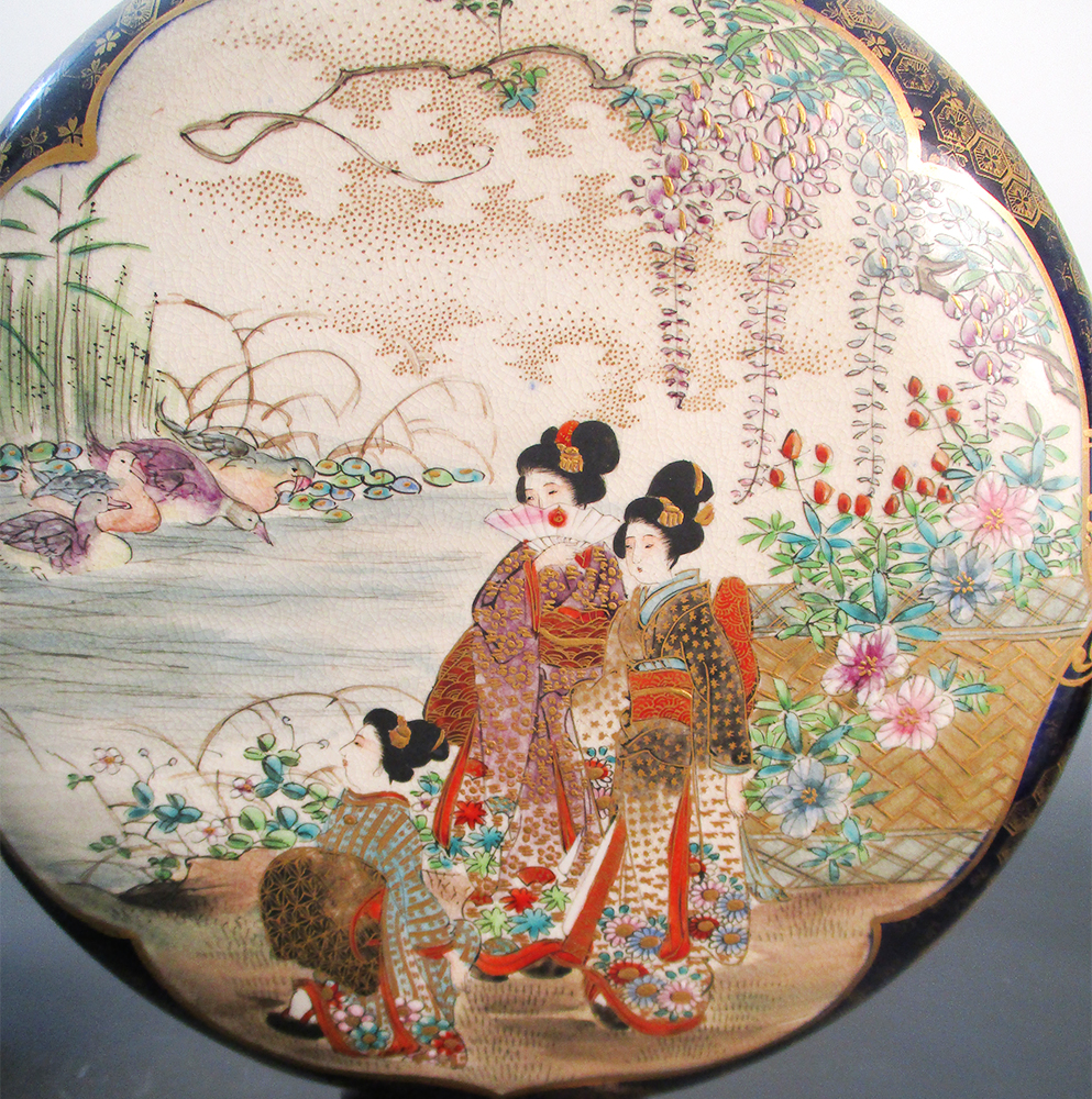 Chikusai, a pair of Satsuma blue ground moon flasks, painted on one side with three watching ducks - Image 2 of 6