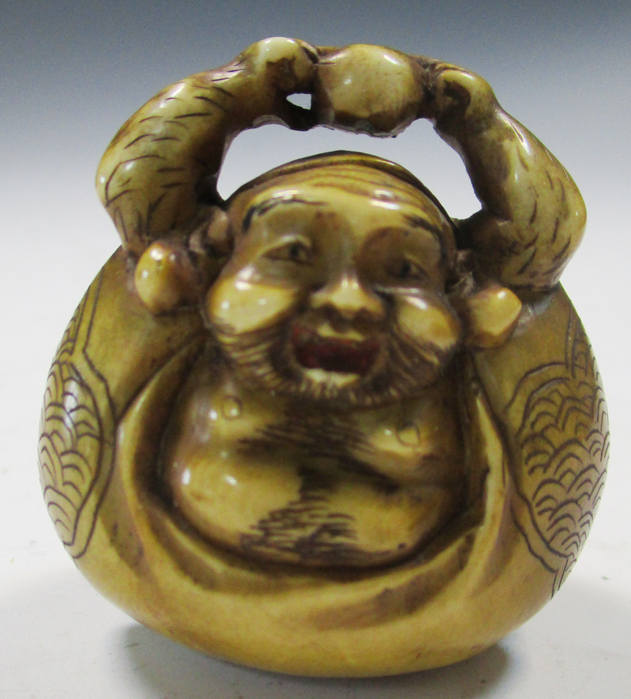 Two late 19th/early 20th century marine ivory netsuke, Ebisu seated with a child in the sack that he - Image 6 of 8