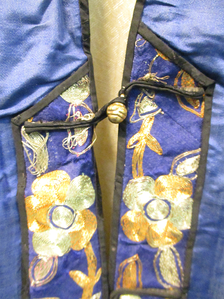 A blue silk jacket embroidered in metal thread with three four clawed dragons amongst clouds, the - Image 2 of 6