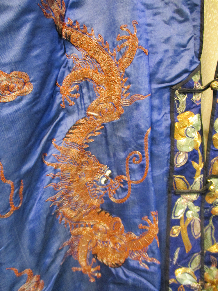 A blue silk jacket embroidered in metal thread with three four clawed dragons amongst clouds, the - Image 3 of 6