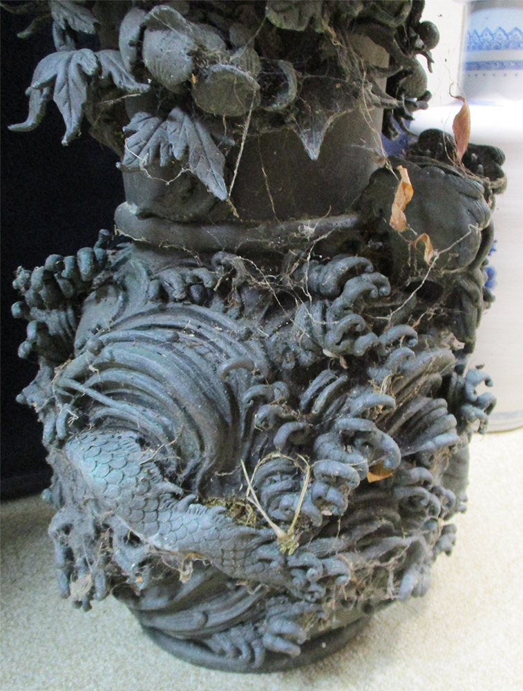 A 19th century bronze vase, the broad flared rim above a baluster body cast in high relief with a - Image 2 of 4