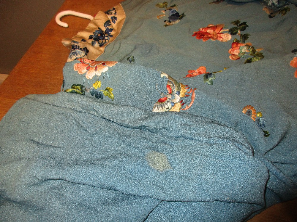 A late 19th/early 20th century turquoise silk jacket, embroidered with butterflies amongst scattered - Image 6 of 9