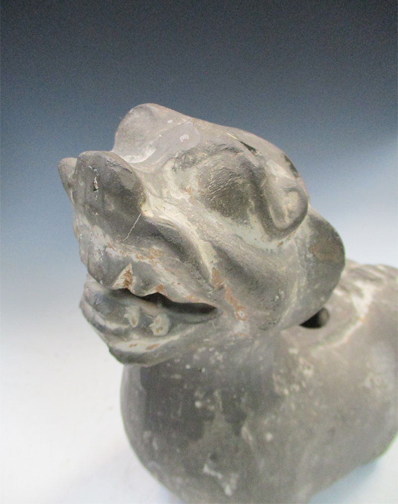 A Five Dynasties grey pottery figure of a lion, it stands on short legs with raised head and open - Image 2 of 8