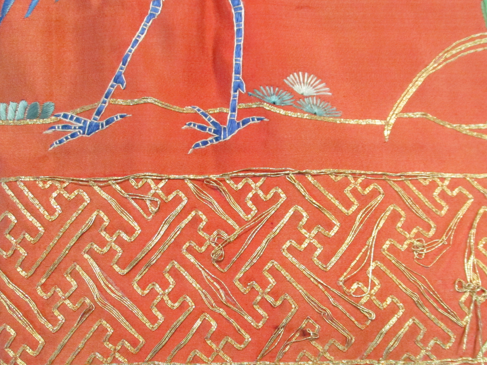 A red silk over lintel panel, embroidered in gold thread and coloured silks with a central - Image 4 of 7