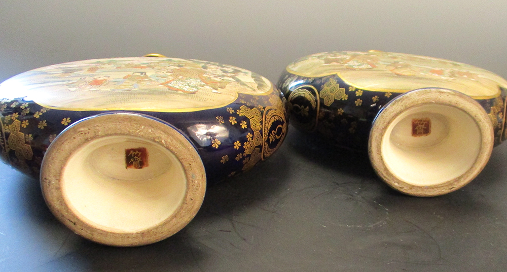 Chikusai, a pair of Satsuma blue ground moon flasks, painted on one side with three watching ducks - Image 5 of 6