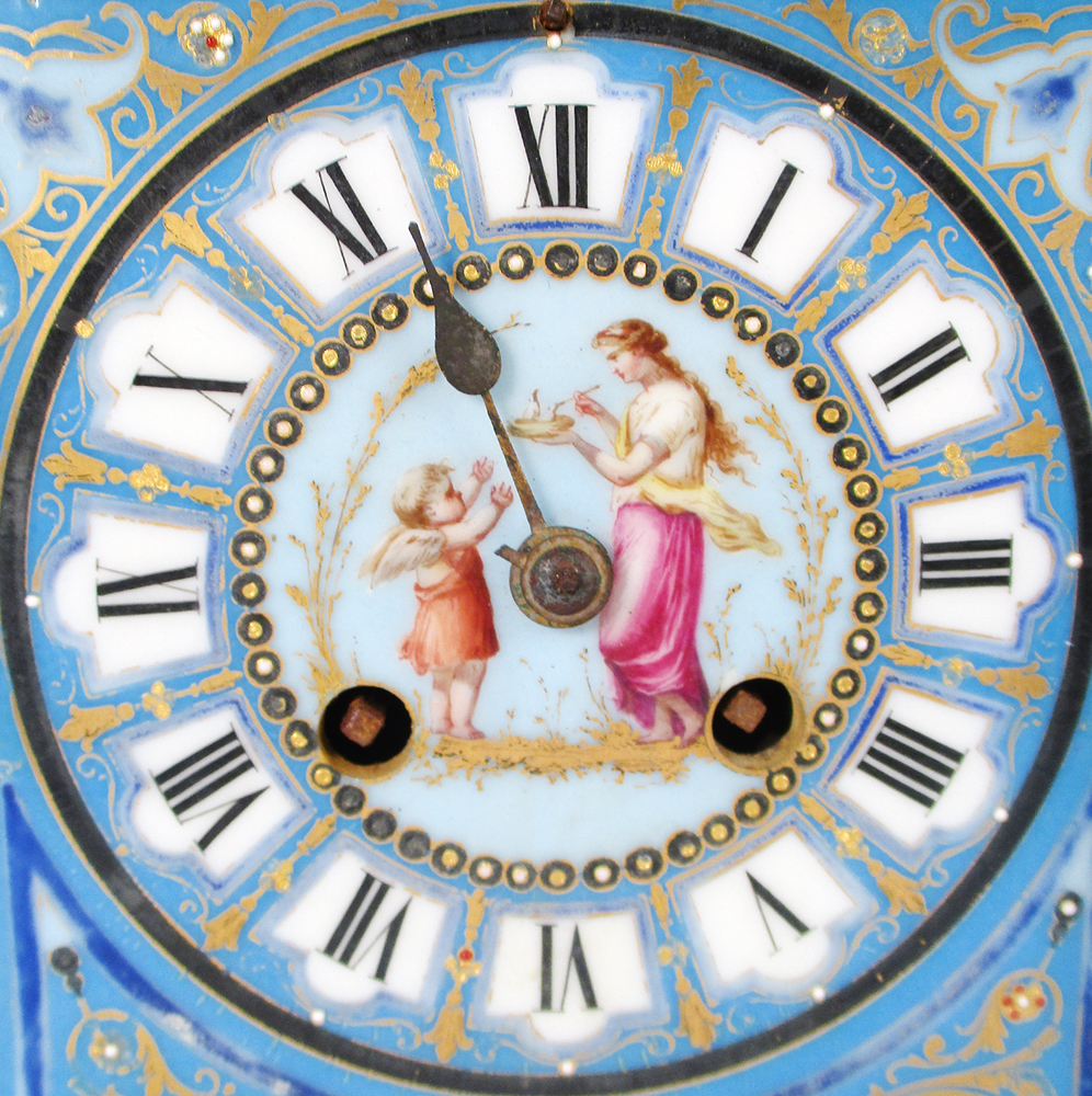 A 19th century French gilt metal and 'Sevres' porcelain clock garniture, the elaborate shaped case - Image 8 of 14