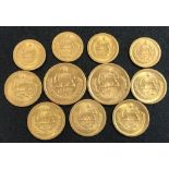 Eleven Iranian gold coins, Mohammad Reza Shah two half Pahlavi coins, and nine quarter Pahlavi coins