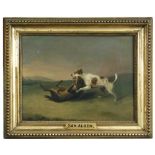 Samuel Alken (British, 1756-1815) Two dogs fighting in a landscape oil on canvas 21 x 29cm (8 x