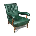 An oak framed armchair by Gillow of Lancaster - late 19th century, button upholstered in green