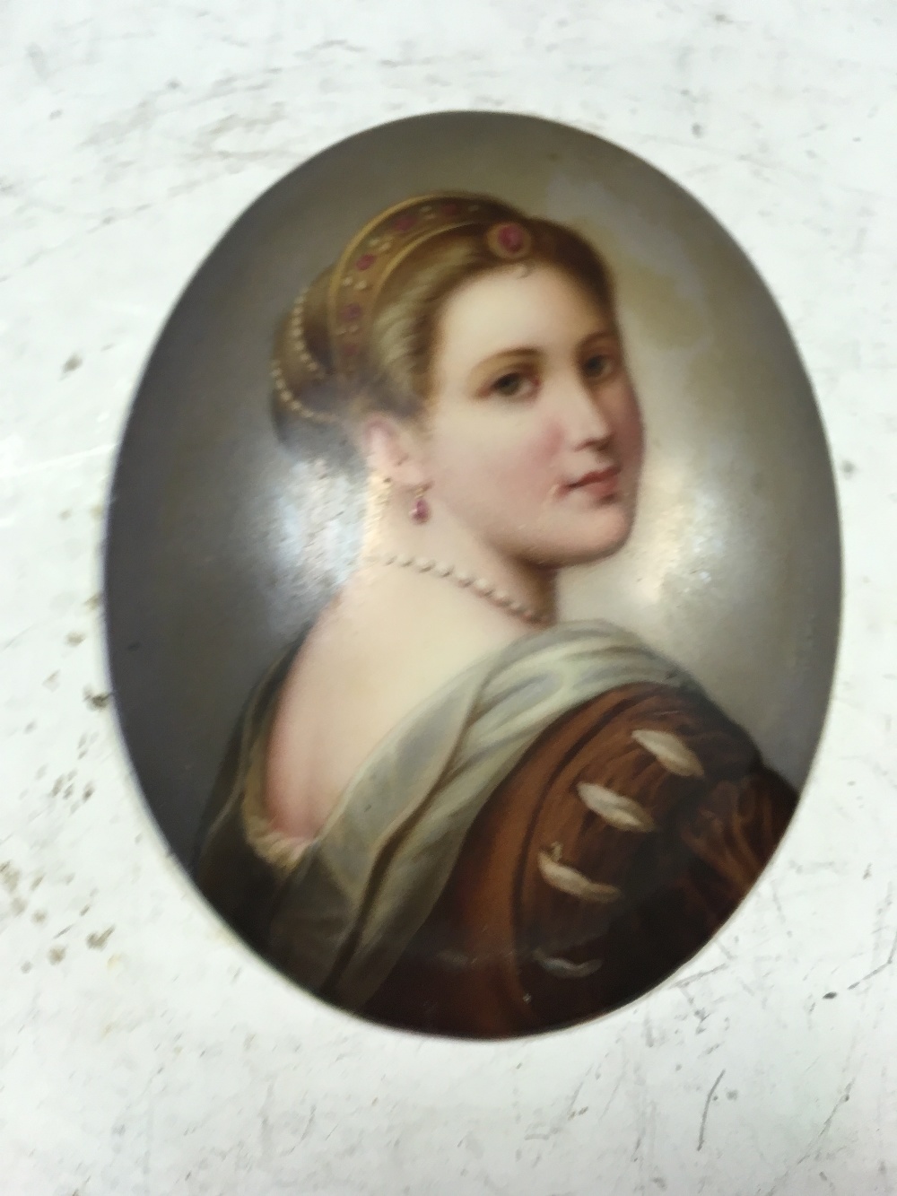 Two 19th century porcelain oval portrait plaques, one painted with a noblewoman with jewelled - Image 5 of 5