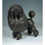 A contemporary bronze model of a poodle, cast standing in a show clip, indistinct artists monogram