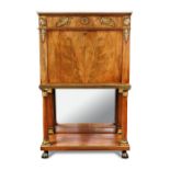 A French Empire mahogany and ormolu mounted secretaire a abattant, with a white marble above a blind