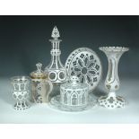 A collection of Bohemian white overlay glass, to include a tankard and cover, a butter dish and