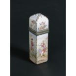 An enamel on copper scent bottle, probably French, of square section, painted with Romantic figures,