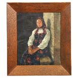 Filip Malyavin (Russian, 1869-1940) Study of a Russian peasant girl in floral scarf and dress signed