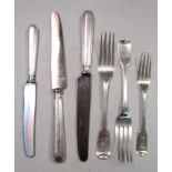 A part canteen of George III/George IV and later Hanoverian pattern silver cutlery, comprising six