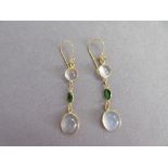 A pair of moonstone and diopside earpendants, each hook suspending an articulated line of