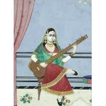 Indian Company School, 19th Century An Indian girl playing the sitar watercolour with gold 26 x 19cm
