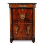 A French Empire mahogany secretaire a abattant, with marble top blind frieze drawers and open column