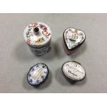 Four South Staffordshire enamel boxes, comprising a heart-shaped box painted with a ship, a floral