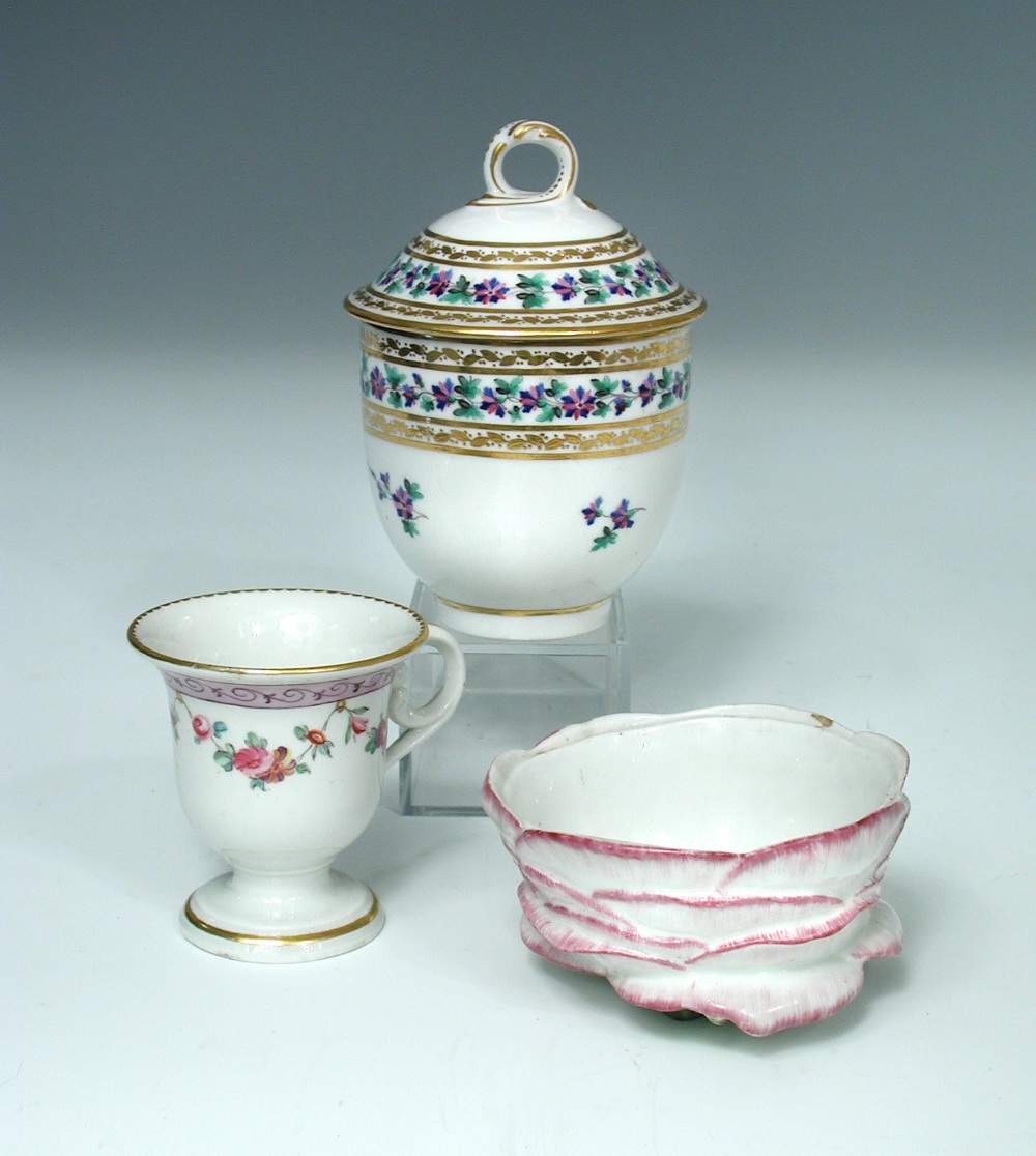 A Derby 'Sevres' style ice cup, circa 1785, of bell shape form with kidney moulded handle, enamelled