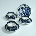 Three Caughley blue and white toy tea bowls and saucers, circa 1780, decorated with the Fisherman