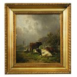 Friedrich Johann Voltz (German, 1817-1886) Herdsman with cattle in a landscape signed lower right "